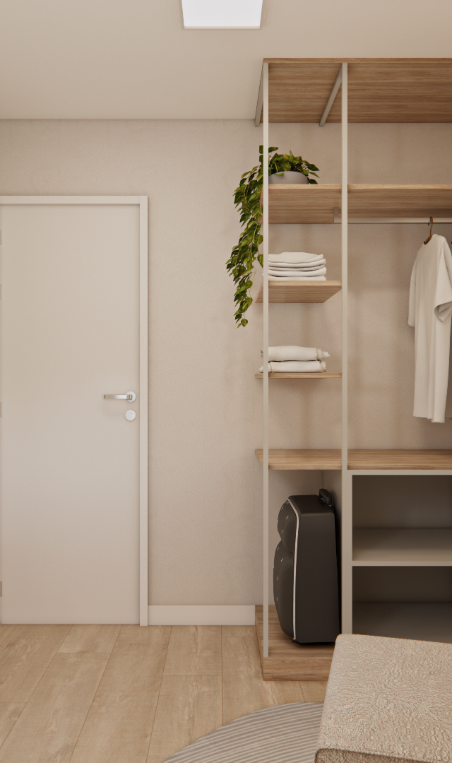 Render 3D: closet aberto com estrutura metálica e madeira, poltrona, tons neutros, projeto LS - EDIFÍCIO DOM BRÁS