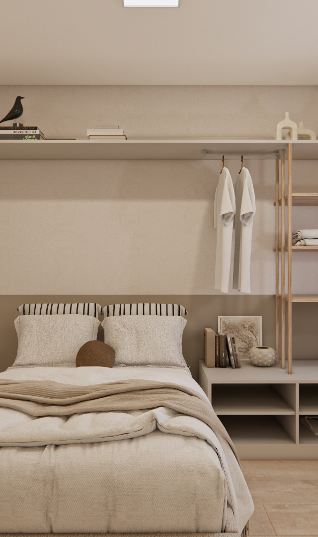 Render 3D quarto Edifício Dom Brás com cama, prateleiras em madeira clara, tons bege, iluminação natural e decor minimalista