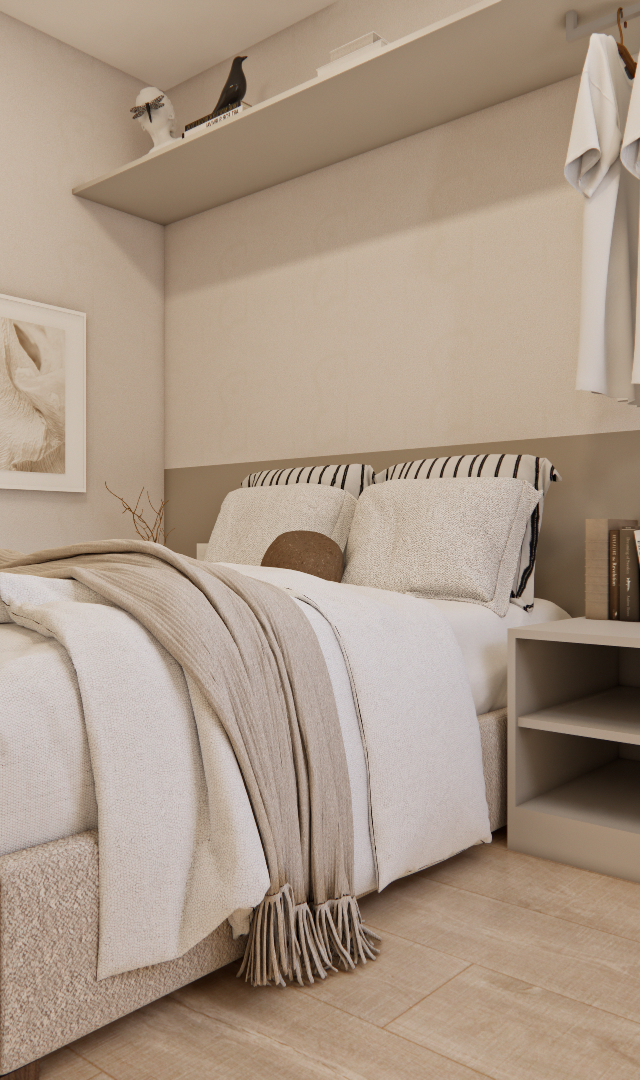 Render 3D de quarto no Edifício Dom Brás com tons neutros, cama de casal, prateleiras em madeira e marcenaria clara