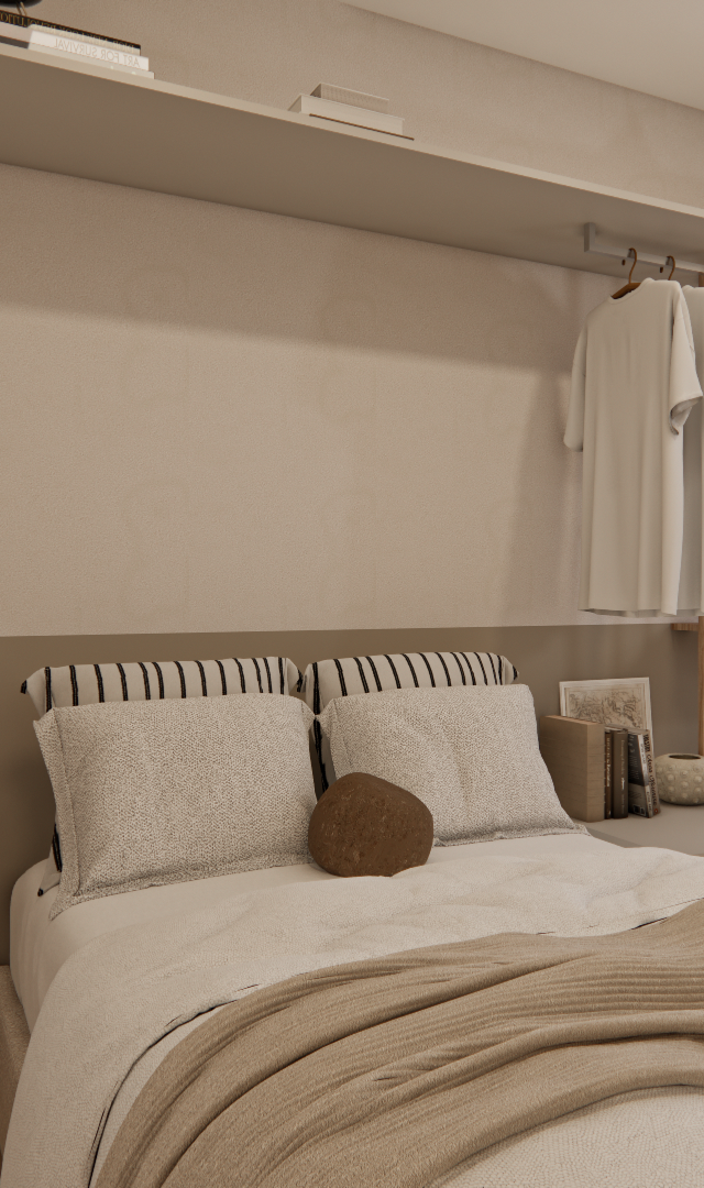 Render 3D de quarto no Edifício Dom Brás com tons neutros, cama, prateleira aberta em madeira, mesa lateral e luz natural