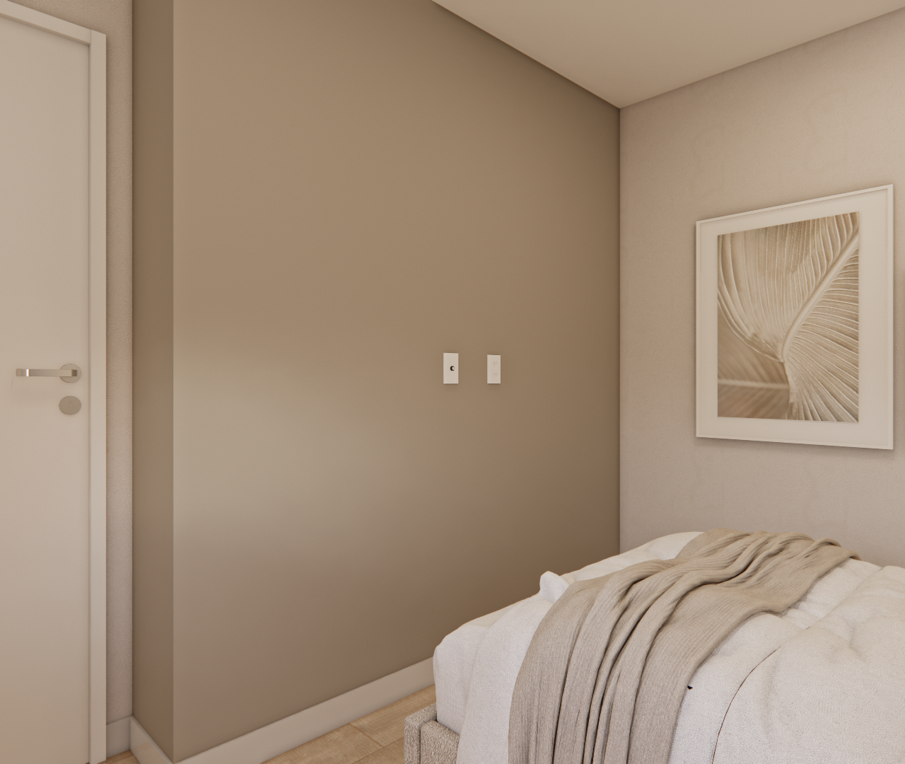 Render 3D do quarto no Edifício Dom Brás com parede em tons terrosos, quadros botânicos, cama com manta bege e luz suave