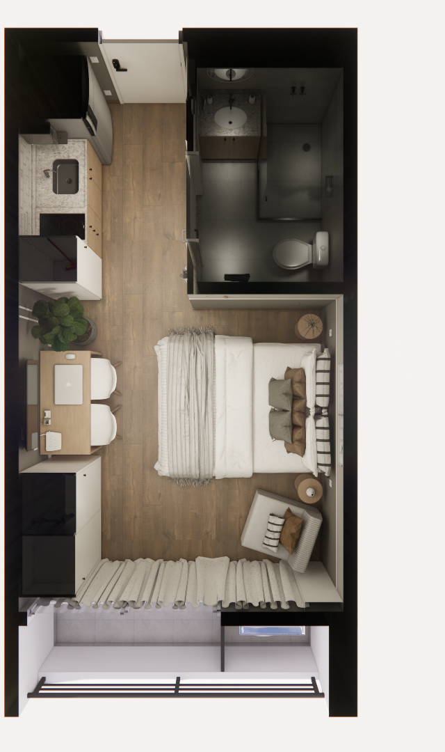 Planta baixa 3D de studio de 27m² com cozinha, quarto, banheiro, piso amadeirado, tons neutros e iluminação suave