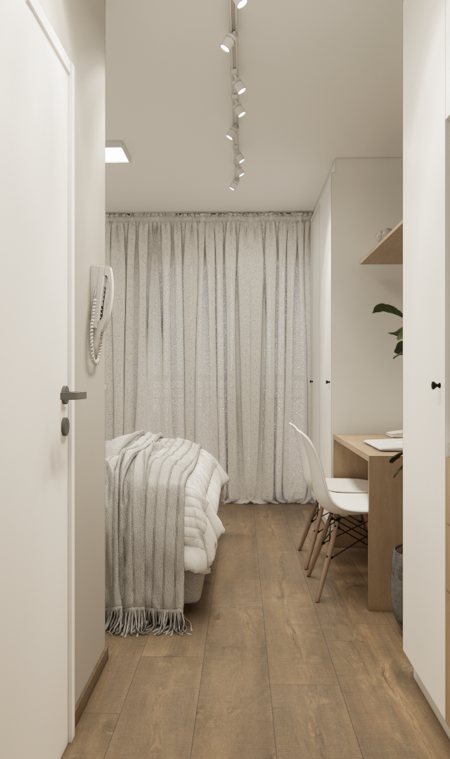 Render 3D de estúdio com cozinha linear, marcenaria clara, tons neutros, iluminação em trilho e quarto ao fundo