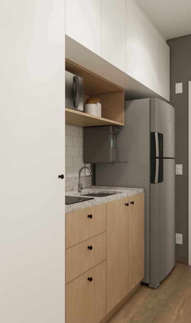 Render 3D de cozinha compacta com marcenaria em tons de madeira e branco, bancada em pedra clara e paredes cinzas