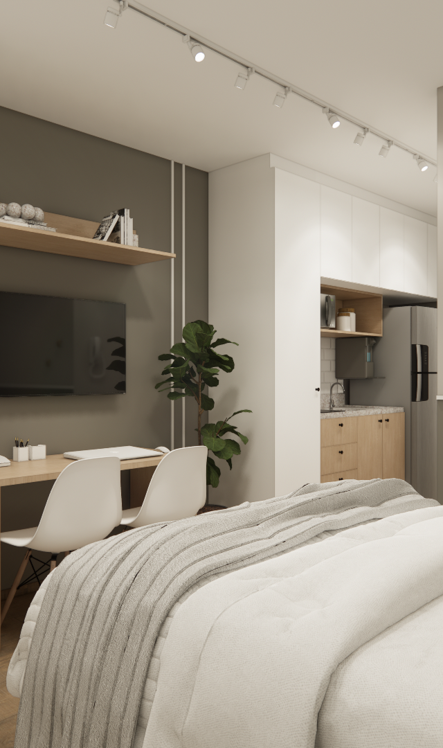 Render 3D de estúdio compacto em tons neutros com cama, escrivaninha, marcenaria branca e amadeirada e iluminação em trilho
