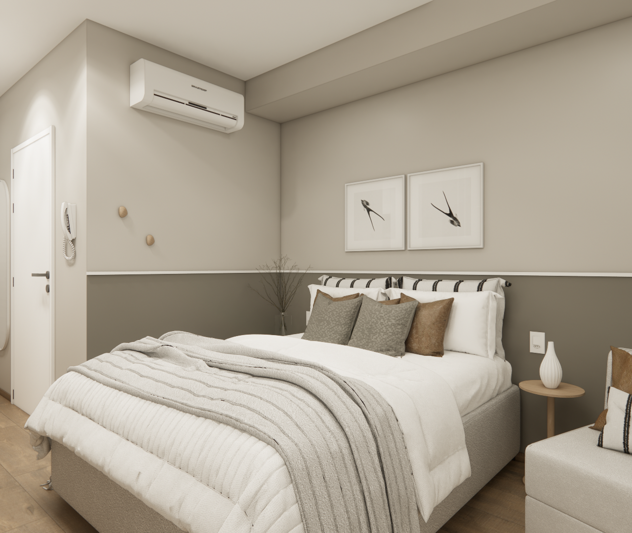 Render 3D de quarto pequeno com cama casal, poltrona, tons neutros, parede bicolor cinza e bege, iluminação indireta