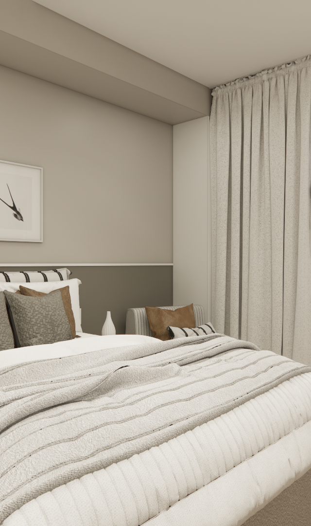 Render 3D de quarto pequeno com cama, mesa de cabeceira, parede bicolor em tons terrosos, quadros e cortina clara longa