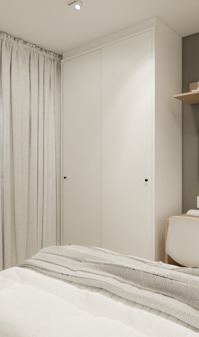 Render de quarto compacto com guarda-roupa branco, mesa de estudos em madeira, TV, prateleira e cortina clara em tons sóbrios