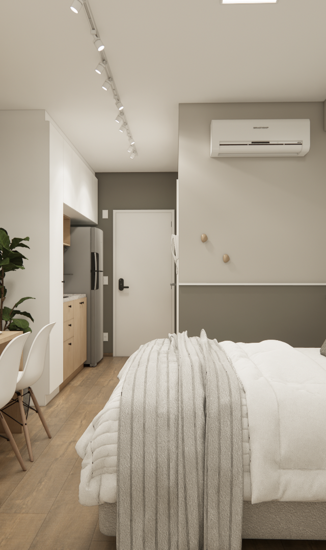 Render 3D de estúdio compacto com tons neutros, cama de casal, mesa de trabalho, marcenaria clara e iluminação em trilho