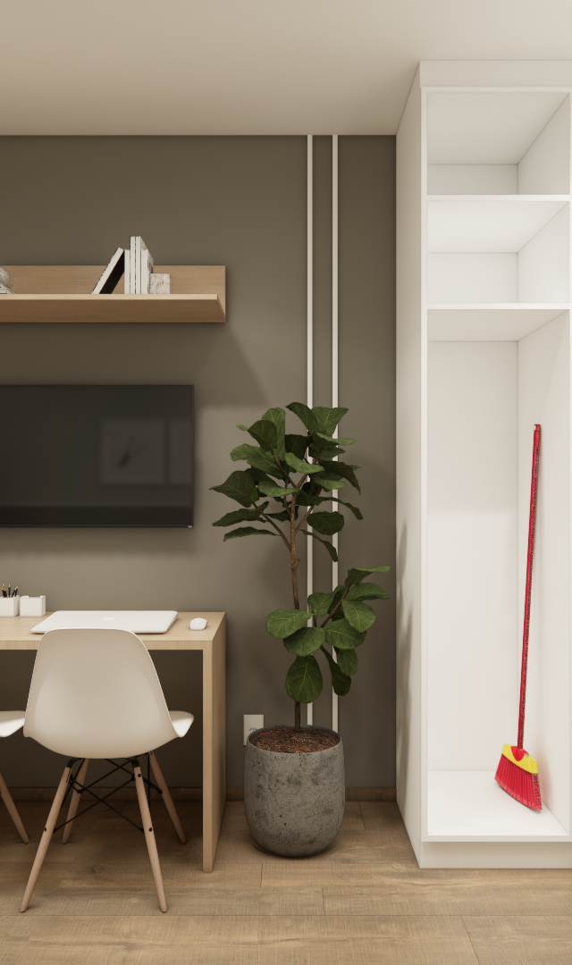 Render 3D de estúdio compacto em SP com marcenaria em tons claros, bancada, TV, nichos, cozinha linear e piso amadeirado