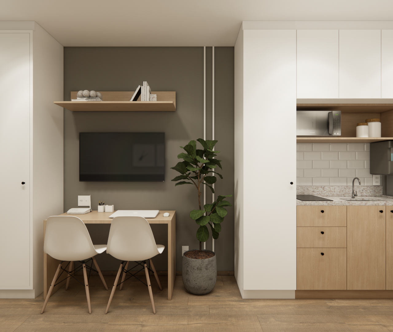 Render de estúdio com mesa, cadeiras brancas, marcenaria clara, parede cinza e cozinha compacta em tons neutros e madeira
