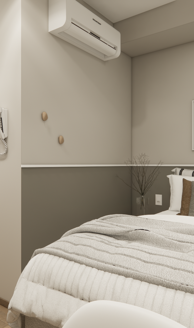 Render 3D de quarto compacto com paleta neutra, cama de casal, paredes em dois tons de bege e iluminação indireta suave