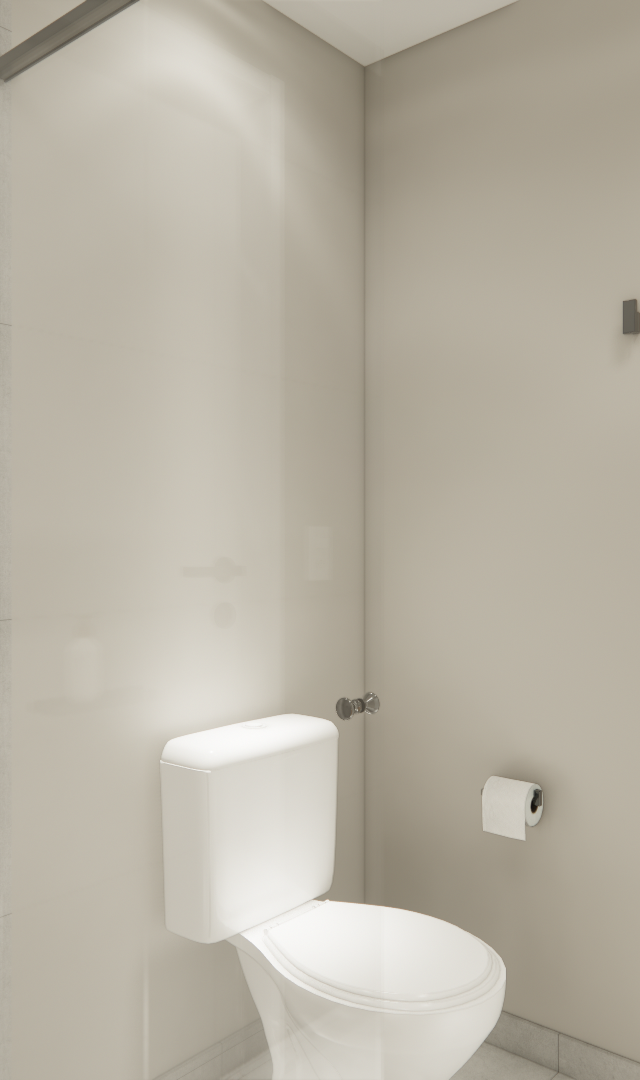 Render 3D de banheiro compacto com tons neutros, vaso sanitário branco, nicho metálico e acessórios em preto fosco