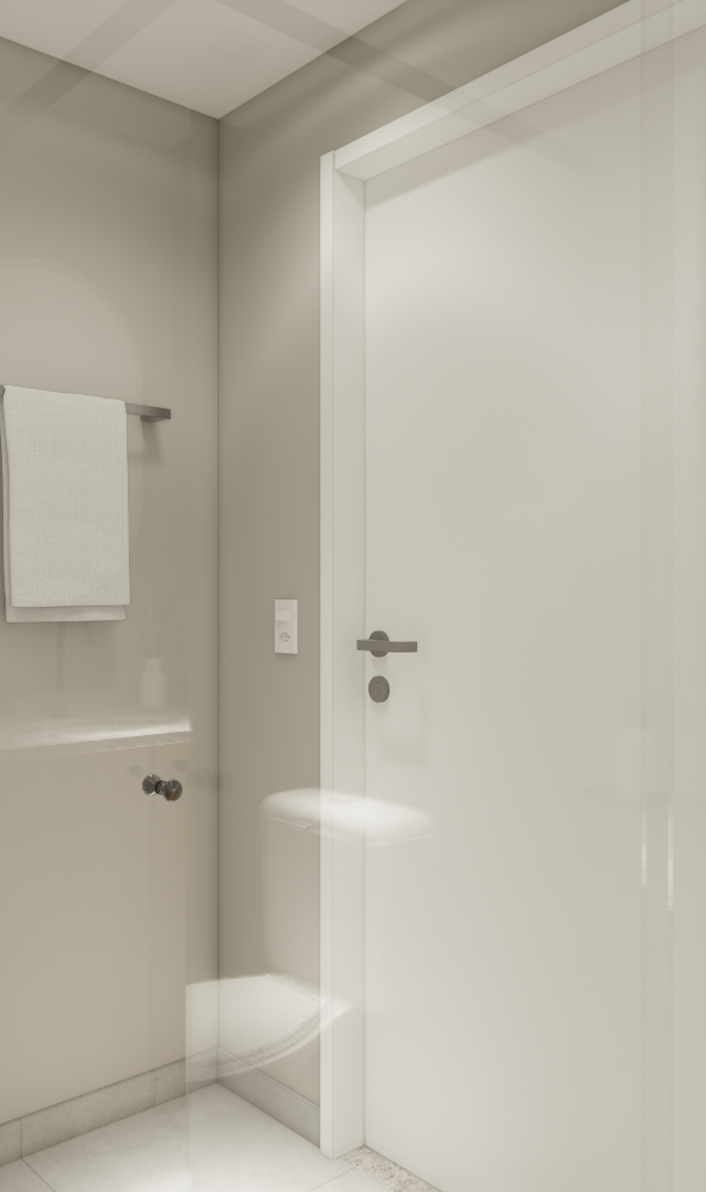 Render 3D de banheiro compacto com paredes beges, porta branca, box de vidro, bancada em granito claro e iluminação neutra