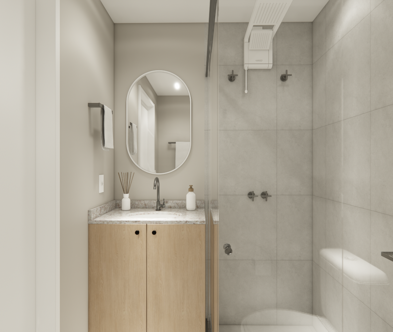 Render 3D de banheiro compacto com móvel de madeira, bancada em granito, espelho oval, box de vidro e piso cinza claro