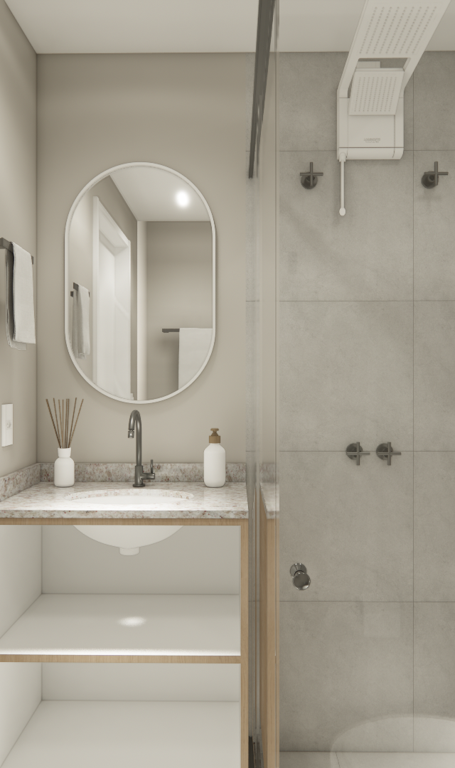 Render 3D de banheiro compacto com tons neutros, espelho oval, gabinete aberto em madeira, metais pretos e box de vidro