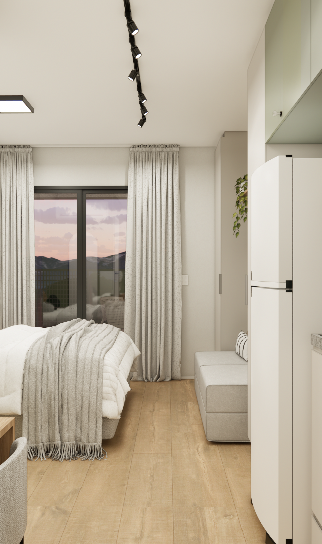 Render 3D de estúdio compacto com tons verdes e madeira, cozinha linear, bancada de trabalho e quarto integrado ao fundo