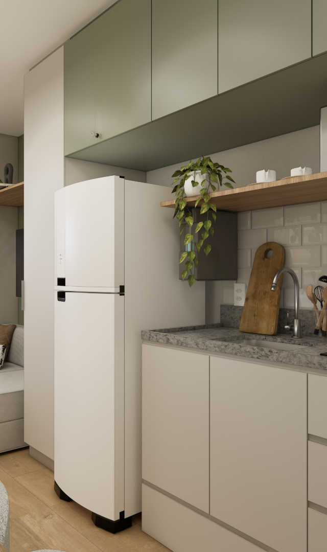Render 3D de estúdio com cozinha compacta, marcenaria verde e bege, bancada em granito, eletrodomésticos e área de estar