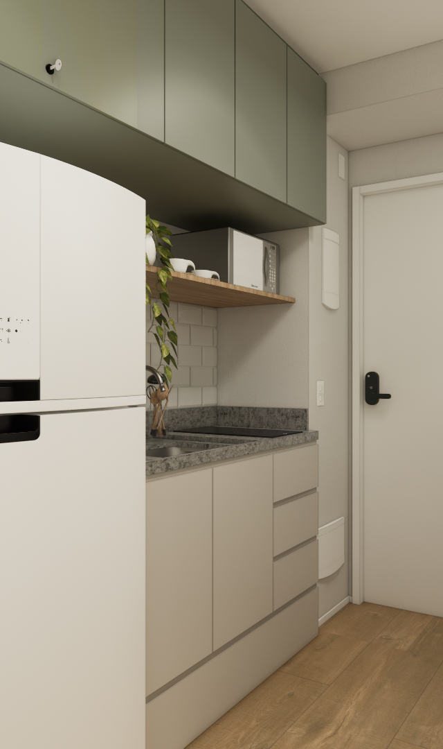 Render 3D de cozinha compacta com marcenaria verde e amadeirada, bancada de granito, geladeira branca e mesa de estudo