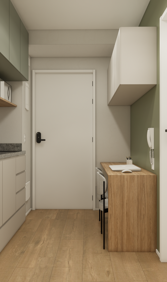 Render 3D de apartamento compacto com cozinha linear, marcenaria verde e amadeirada, mesa de trabalho e piso em madeira