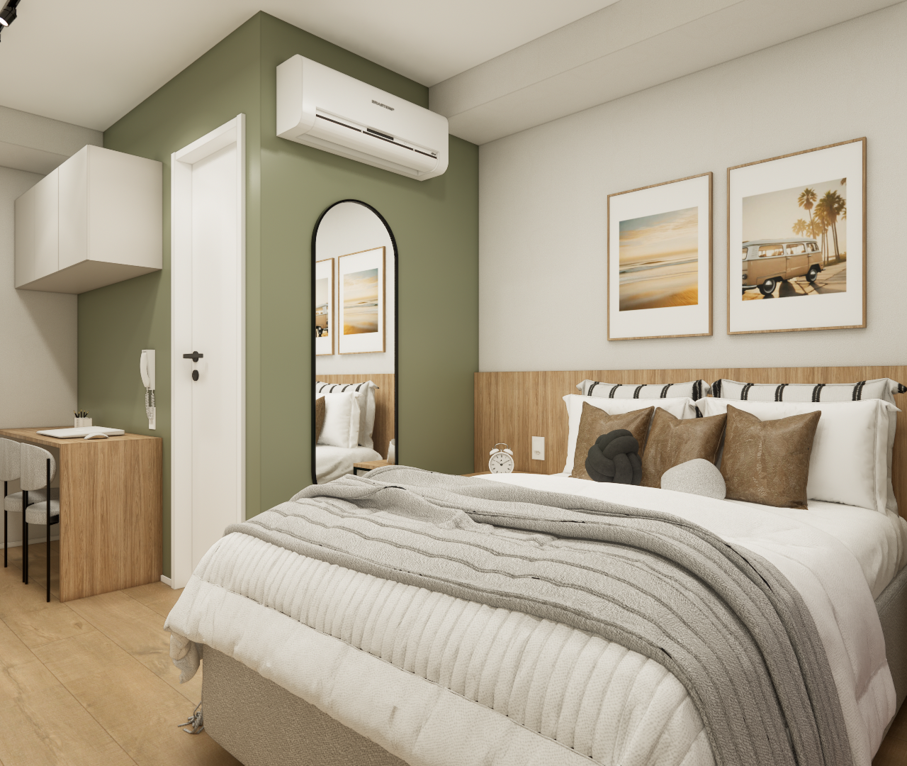 Render 3D de quarto compacto com parede verde, cabeceira de madeira, cama, espelho arqueado e mesa de trabalho em tons neutros