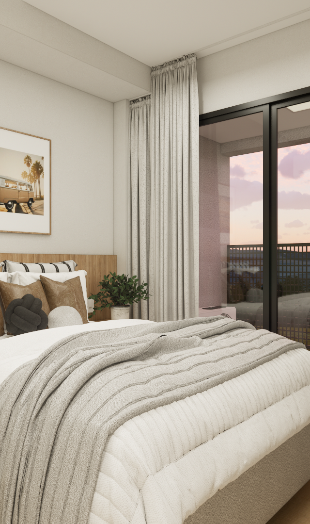 Render 3D de quarto minimalista com cama box, painel de madeira, mesa lateral preta e cortinas claras em tom bege