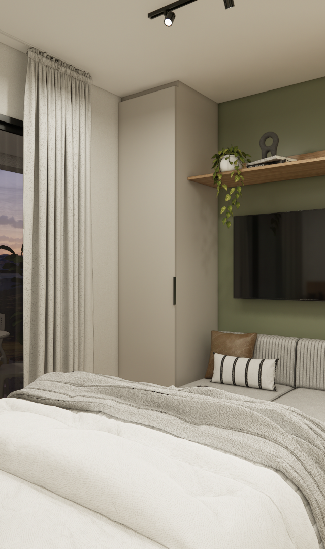 Render 3D de dormitório compacto com parede verde, marcenaria bege, cama, TV, prateleira e varanda ao fundo em SP
