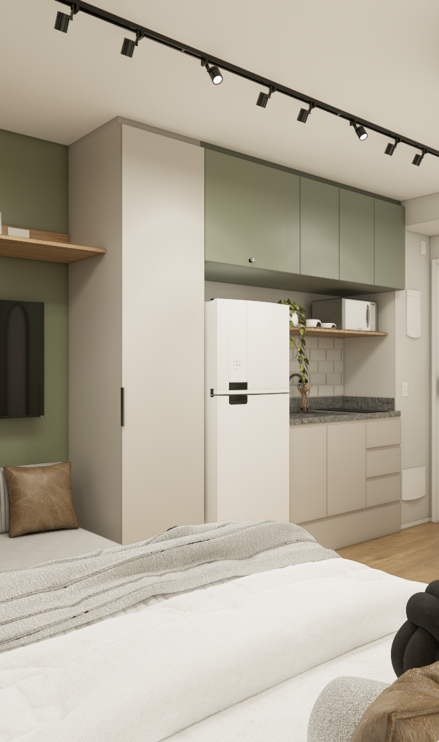 Render 3D de estúdio de 27m² com paredes verdes, marcenaria bege e verde, cama, sofá, cozinha compacta e espelho orgânico