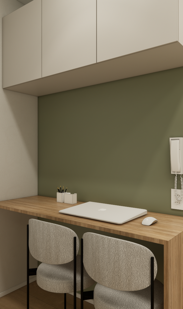 Render 3D de home office em apartamento com bancada de madeira, armário superior branco e parede em tom verde oliva