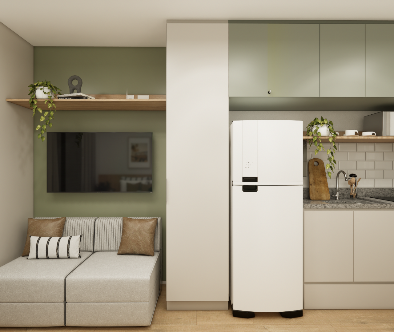 Render 3D de estúdio de 27m² com marcenaria verde e bege, sofá cinza, prateleiras de madeira e iluminação suave