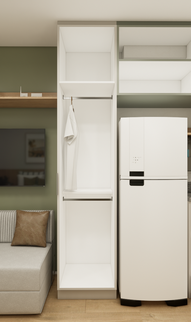 Render 3D de estúdio compacto com sofá cinza, parede verde, marcenaria planejada em tons claros e cozinha integrada