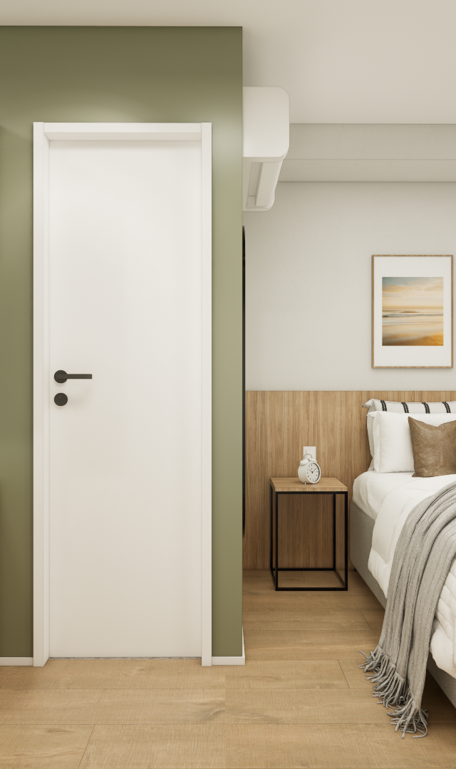 Render 3D de quarto compacto com parede verde, mesa de madeira, marcenaria clara, cama de casal e tons neutros