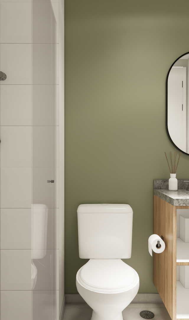 Render 3D de banheiro compacto com parede verde, box com azulejos claros, bancada em granito, marcenaria amadeirada e espelho