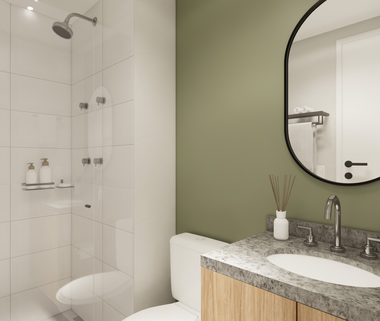 Render 3D de banheiro moderno com parede verde, espelho oval, bancada em granito, gabinete em madeira e box de vidro