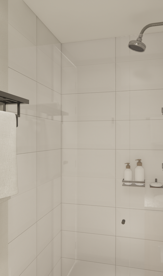 Render 3D de banheiro compacto com box de vidro, azulejos brancos, metais pretos, toalheiro e parede em tom verde oliva