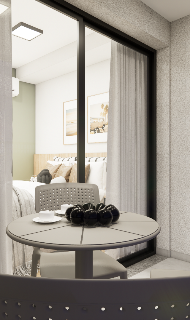 Render 3D de varanda com mesa redonda, cadeiras cinza vazadas e condensadora, vista para quarto de tons neutros ao fundo