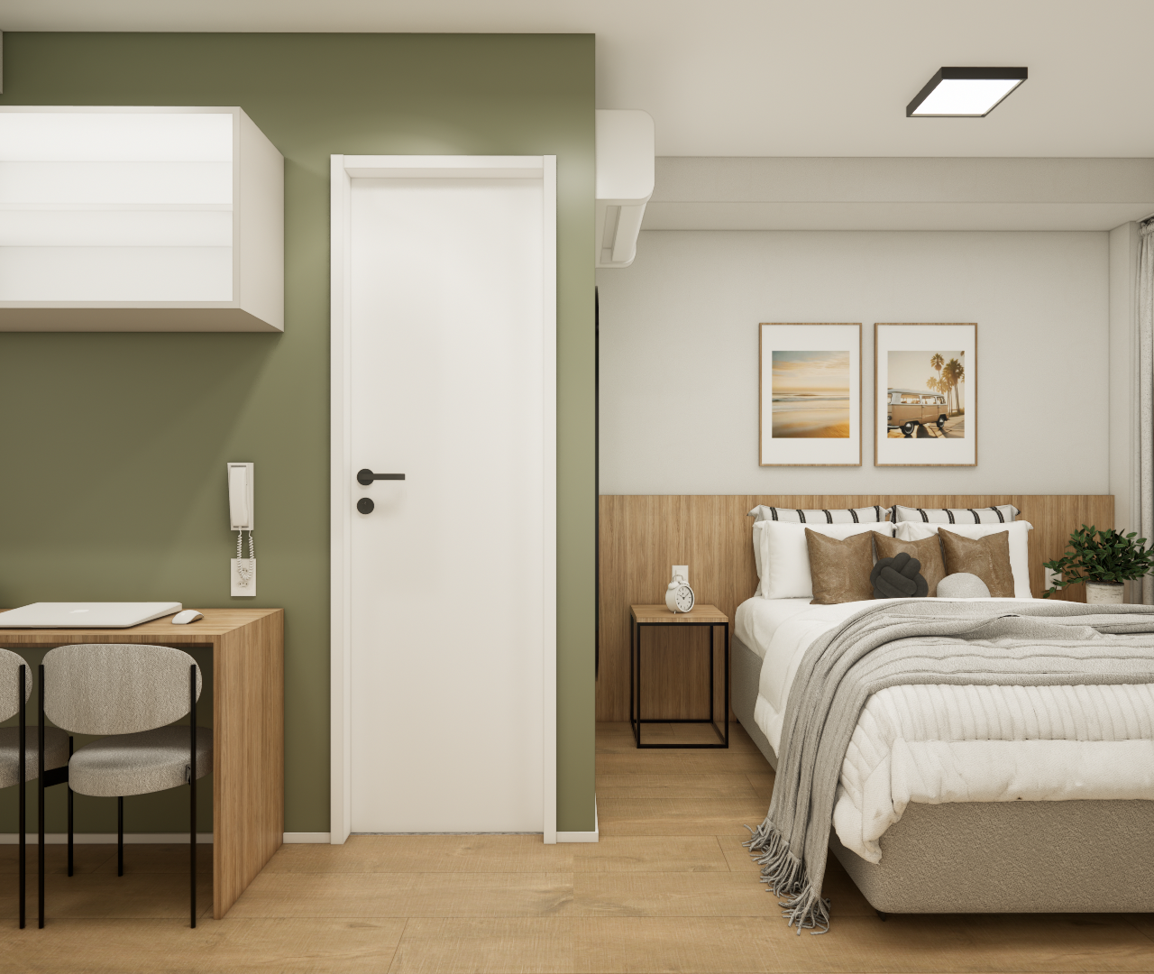 Render 3D de quarto compacto com parede verde, mesa de madeira, cama, marcenaria clara e decoração em tons neutros