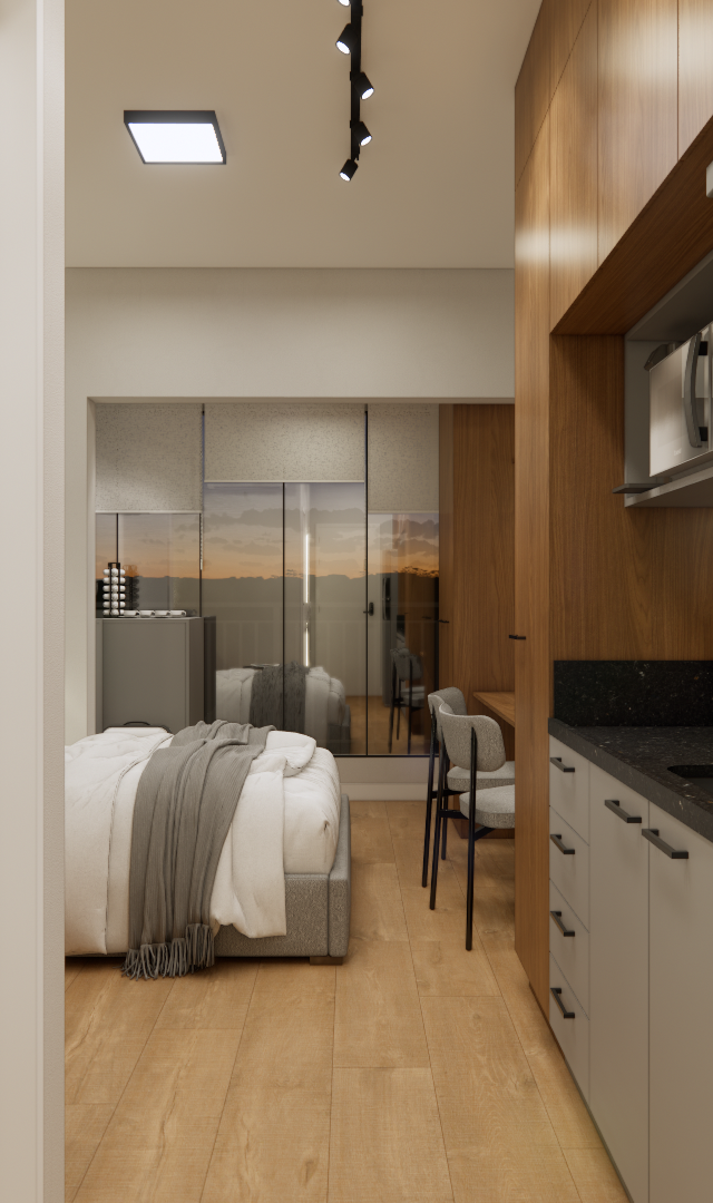 Render 3D de apartamento compacto com cozinha linear, marcenaria em tons de madeira e cinza, bancada preta e quarto integrado