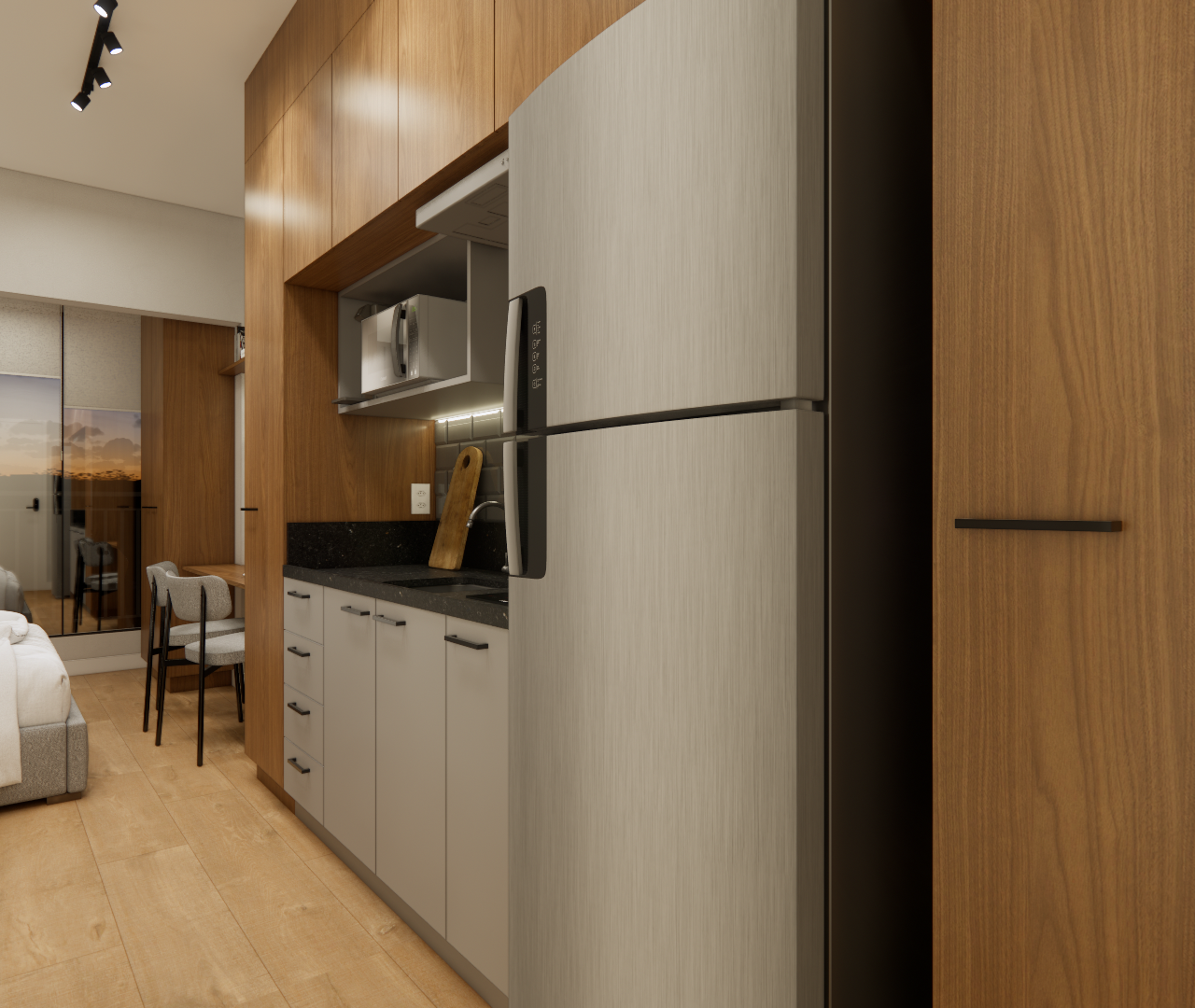Render 3D de cozinha compacta com marcenaria em madeira e cinza, bancada em pedra preta e geladeira inox no Bela Vista