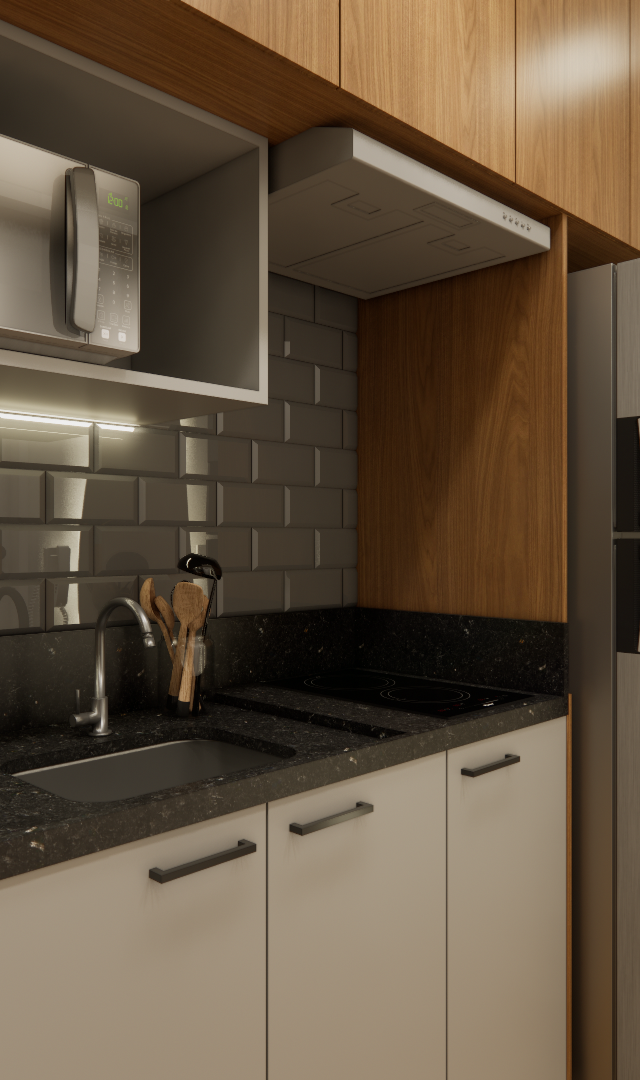 Render 3D de cozinha compacta com marcenaria amadeirada, bancada preta, revestimento cinza tipo metrô e iluminação LED