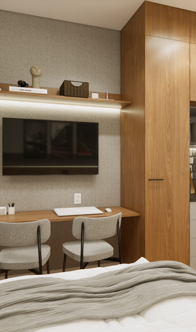 Render 3D de estúdio com marcenaria em madeira, bancada de trabalho, TV, cozinha compacta em tons neutros e iluminação LED