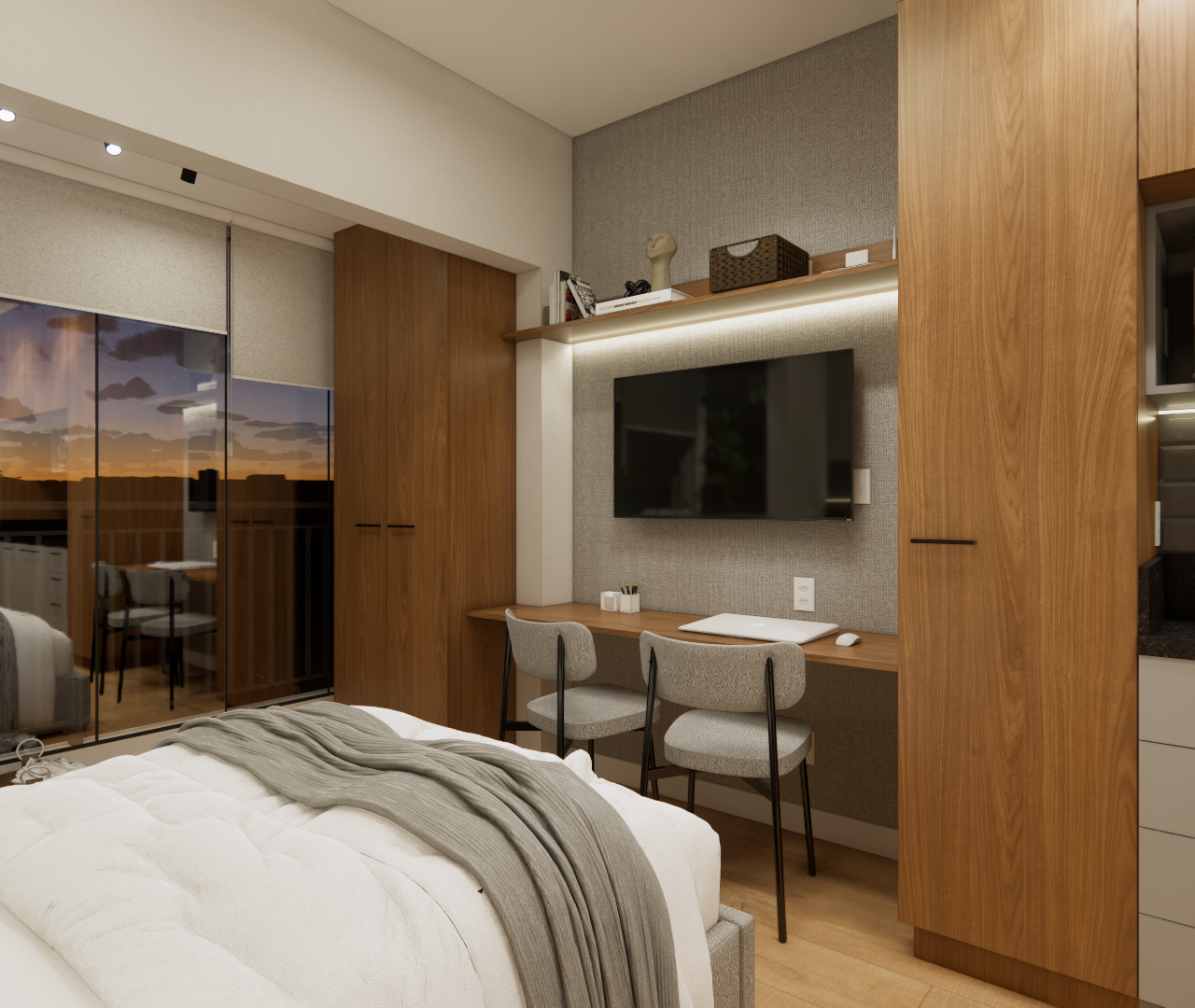Render 3D de quarto pequeno com marcenaria em madeira, bancada de trabalho, TV, iluminação indireta e vista para varanda