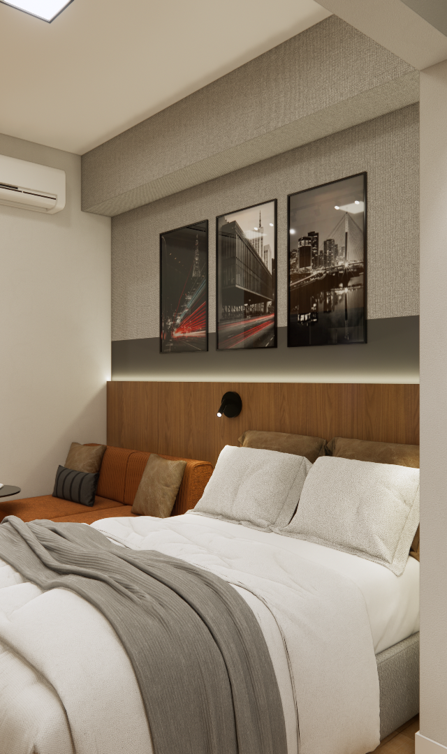 Render 3D de estúdio compacto com cama, sofá terracota, parede com jardim vertical, tons neutros e iluminação indireta