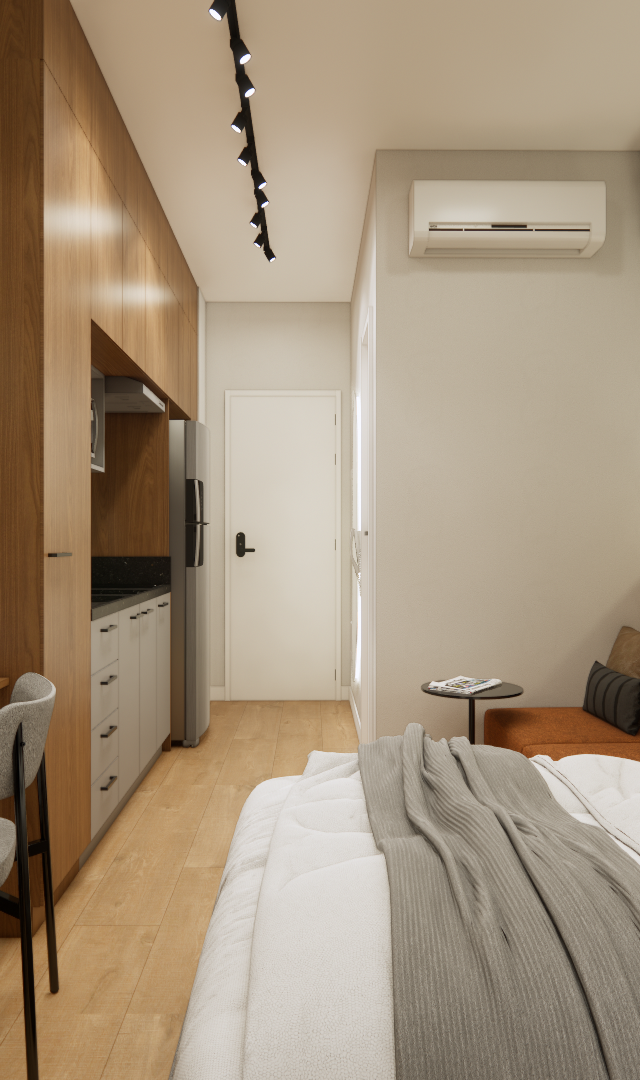 Render 3D de estúdio compacto com marcenaria em madeira, cama, mesa de trabalho, cozinha linear, tons neutros e iluminação