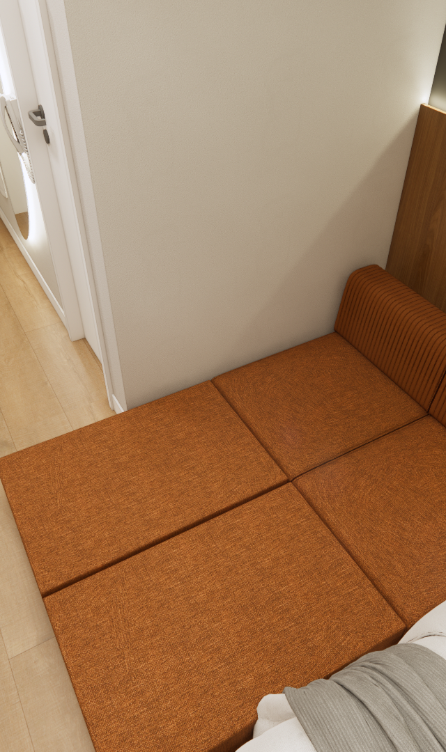 Render 3D de estúdio compacto com marcenaria em madeira, bancada preta, sofá-cama laranja e piso amadeirado claro
