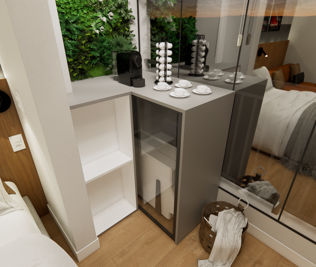 Render 3D de canto do café em estúdio, marcenaria cinza, nichos brancos, jardim vertical e espelho refletindo quarto