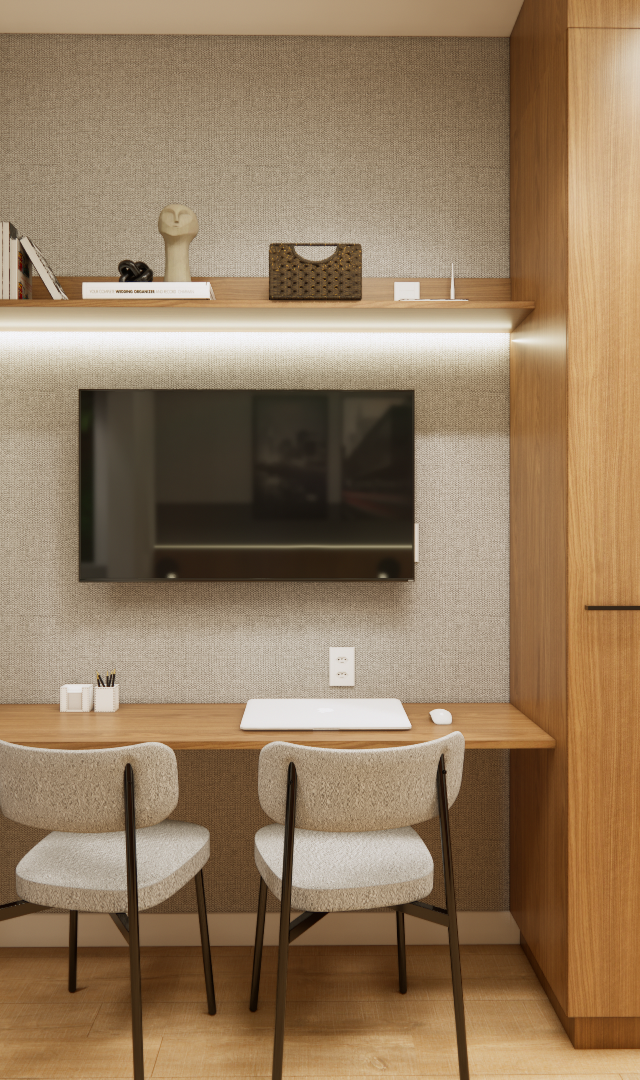 Render 3D de sala e cozinha integradas com marcenaria em tom madeira, bancada de trabalho, TV e iluminação indireta