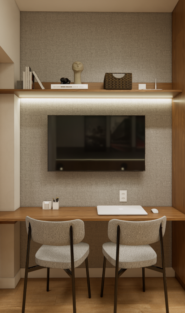 Render 3D de estúdio com marcenaria em tons de madeira e cinza, bancada de trabalho, TV, nichos abertos e cozinha integrada