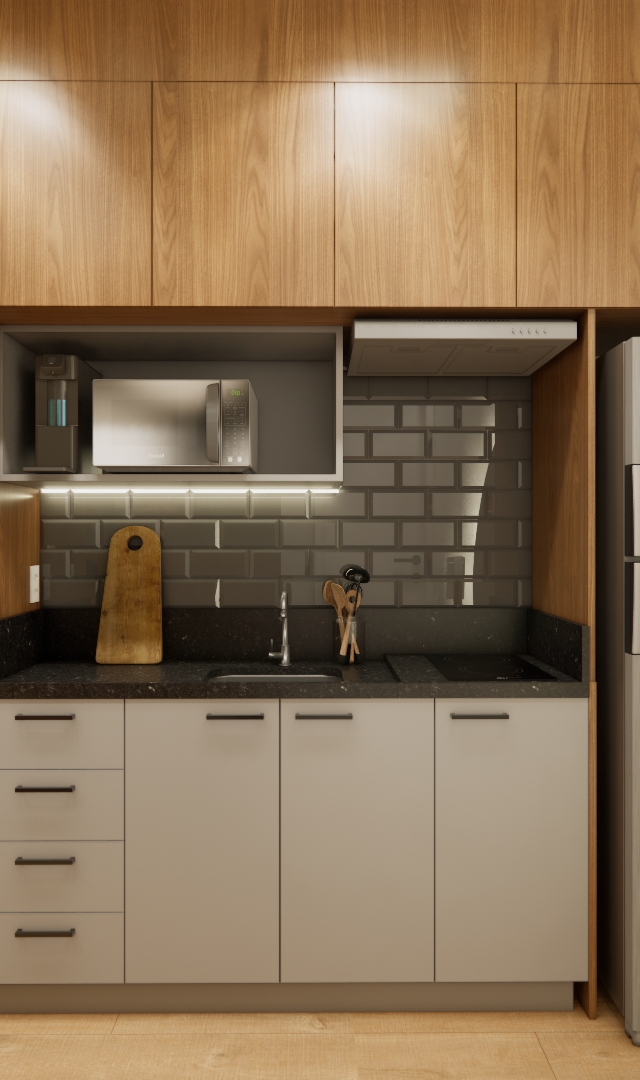 Render 3D de cozinha compacta com marcenaria em tom madeira, bancada preta, azulejos cinza e mesa de trabalho integrada