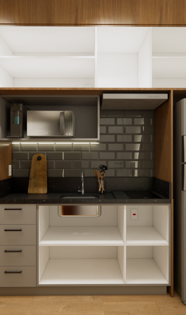 Render 3D de cozinha compacta com marcenaria em tons de madeira, cinza e branco, bancada preta e iluminação embutida